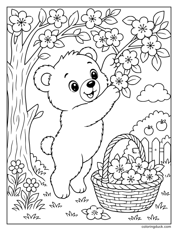 Fluffy bear cub reaching up to pick fresh blossoms from a tree branch to fill a woven wicker basket.