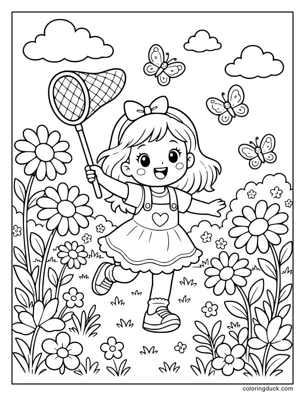 Joyful little girl running through a field of tall daisies holding a net to playfully chase fluttering butterflies.