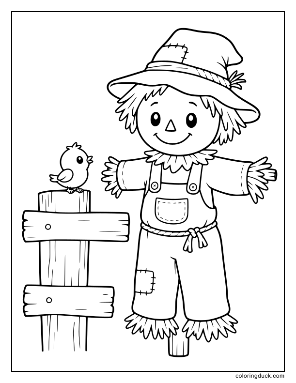 Tiny bird perched nearby gazing up at a smiling straw man with a large hat.