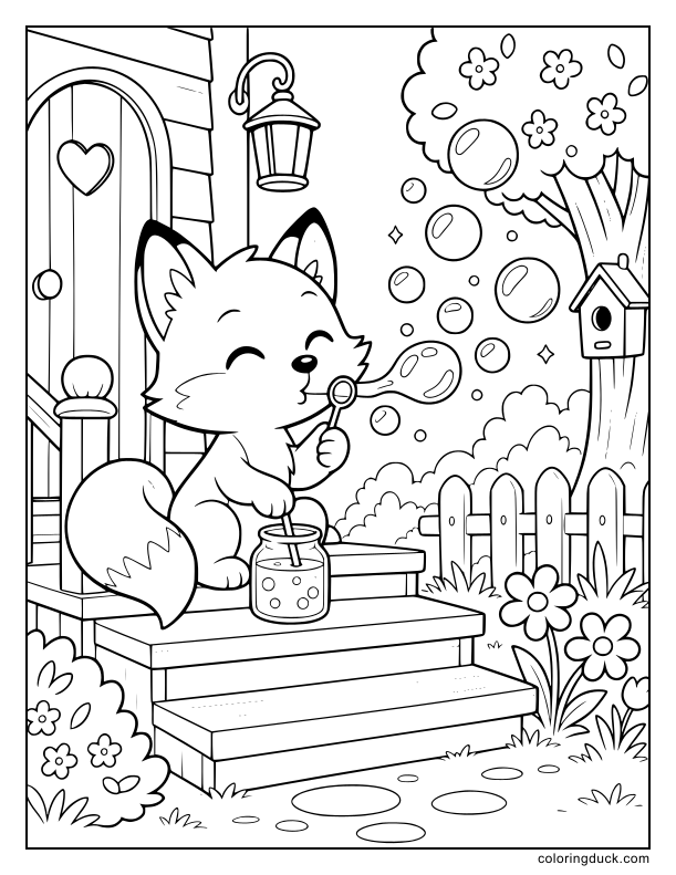 Sitting on wooden steps, a cute fox dips a wand to blow a stream of shimmering bubbles into the spring air.