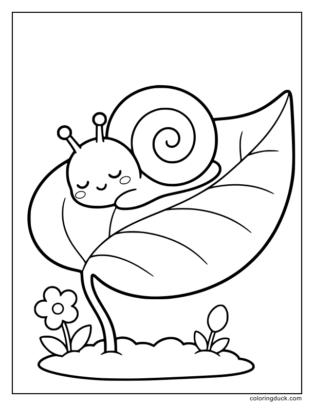 Inside a quiet flower bed, a tiny snail sleeps on a leaf.