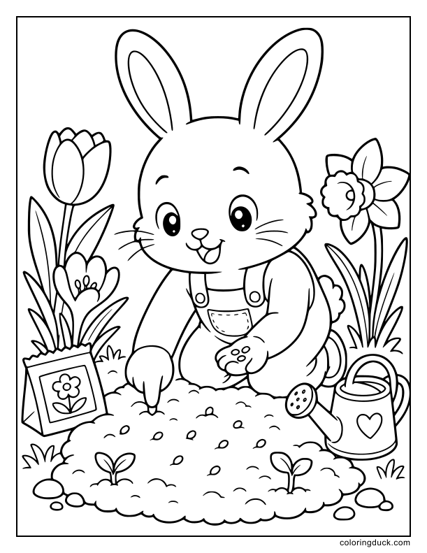 Smiling bunny wearing overalls carefully pressing tiny seeds into soft soil surrounded by early spring blooms.