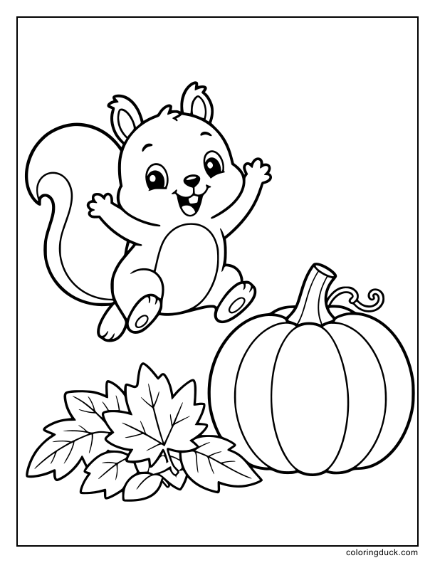Cheerful squirrel jumping high above a small pile of fallen leaves near a single round pumpkin.
