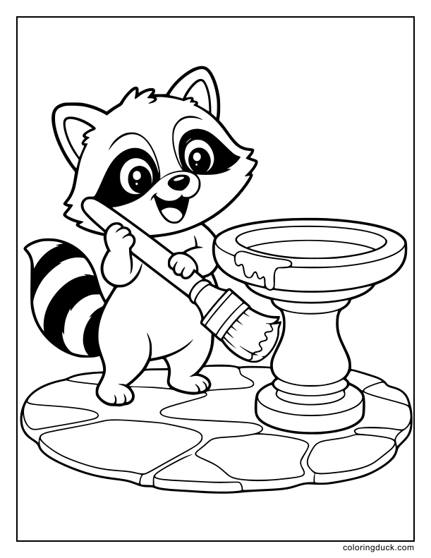 Playful raccoon using a brush to paint a stone birdbath.