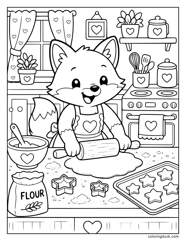 Merry fox standing at a kitchen counter using a heavy wooden rolling pin to flatten dough for star-shaped winter cookies.