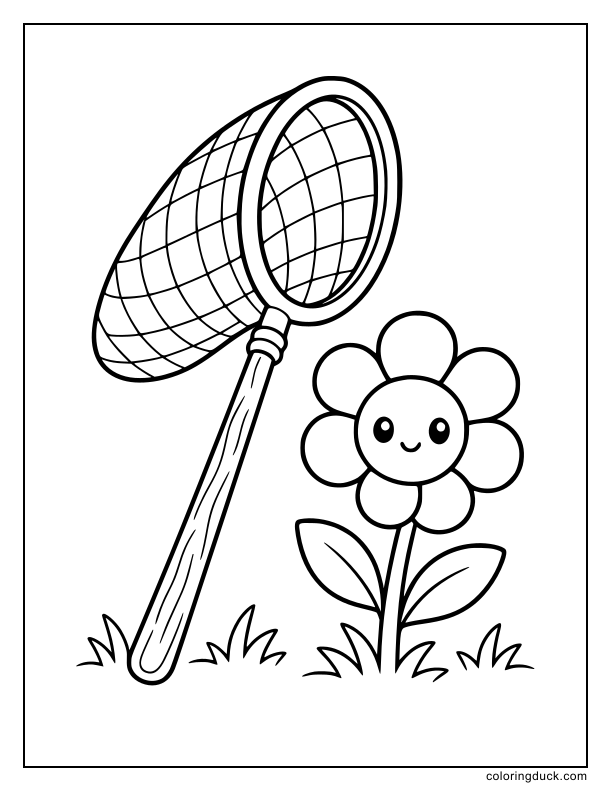 Beside a single blooming flower, a wooden butterfly net.