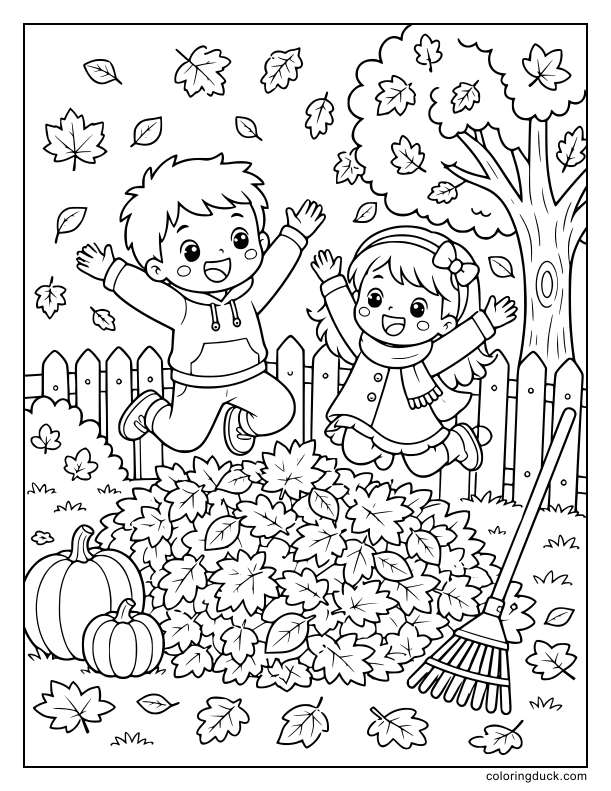Cheerful children jumping into a large pile of autumn leaves next to a wooden rake.