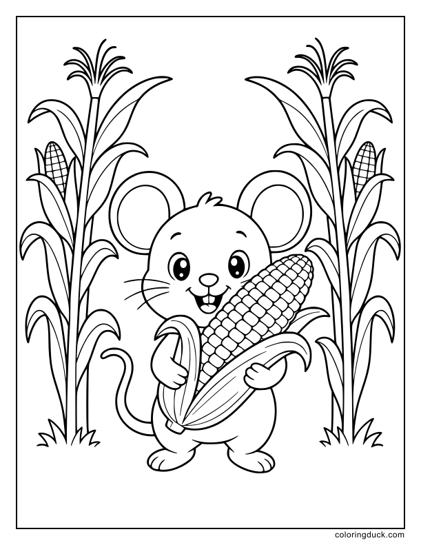 Little mouse carrying a single huge cob with husks peeled back.