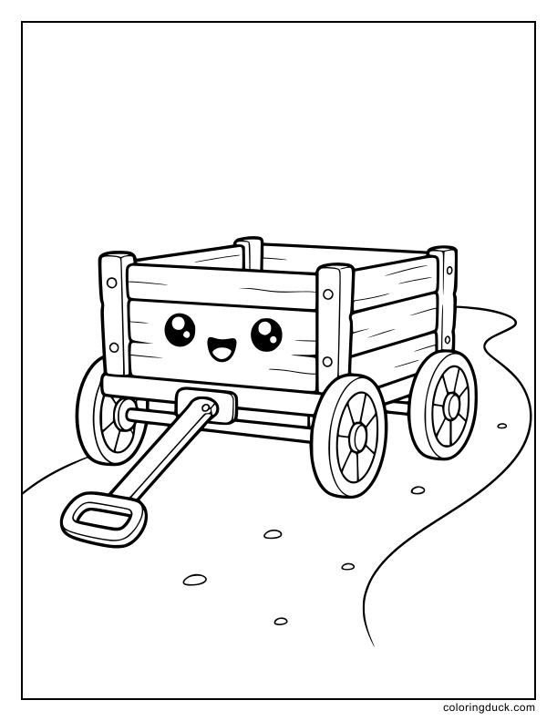 Rustic wooden cart rolling slowly down a dirt path with nothing but clear skies above.