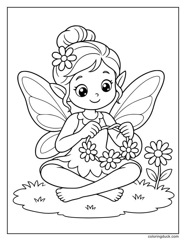 Sitting cross-legged on the lawn, a fairy weaves a flower crown.