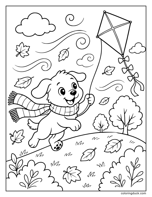 Playful puppy wearing a long scarf runs while a diamond-shaped kite catches the autumn breeze.
