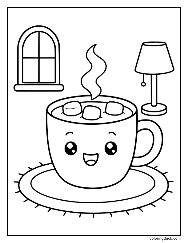 Smiling mug of hot chocolate sitting on a small rug.