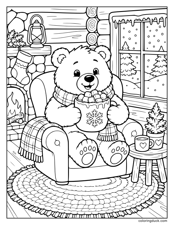 Inside a warm log cabin, a cheerful bear sipping hot cocoa from a large mug overflowing with fluffy marshmallows.