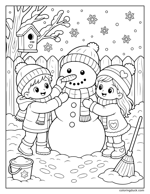 Two joyful children placing a bright carrot nose on a tall snowman in a fenced snowy backyard.