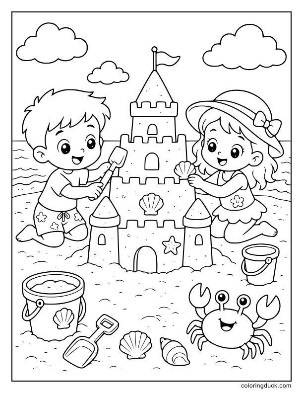 Smiling little crab watching two kids construct a towering sandcastle with buckets and shovels on a sunny shore.