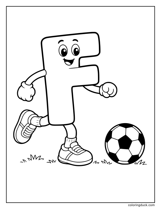 Big letter F wearing sports shoes ready to kick a football.