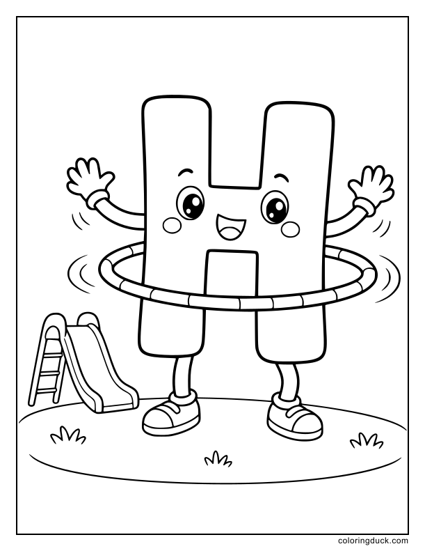 Energetic letter H rotating a large plastic hula hoop around its middle.