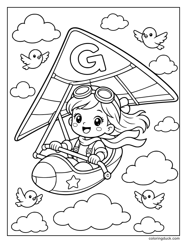 Brave little girl steering a paper glider through fluffy clouds with a giant letter G on the wing.