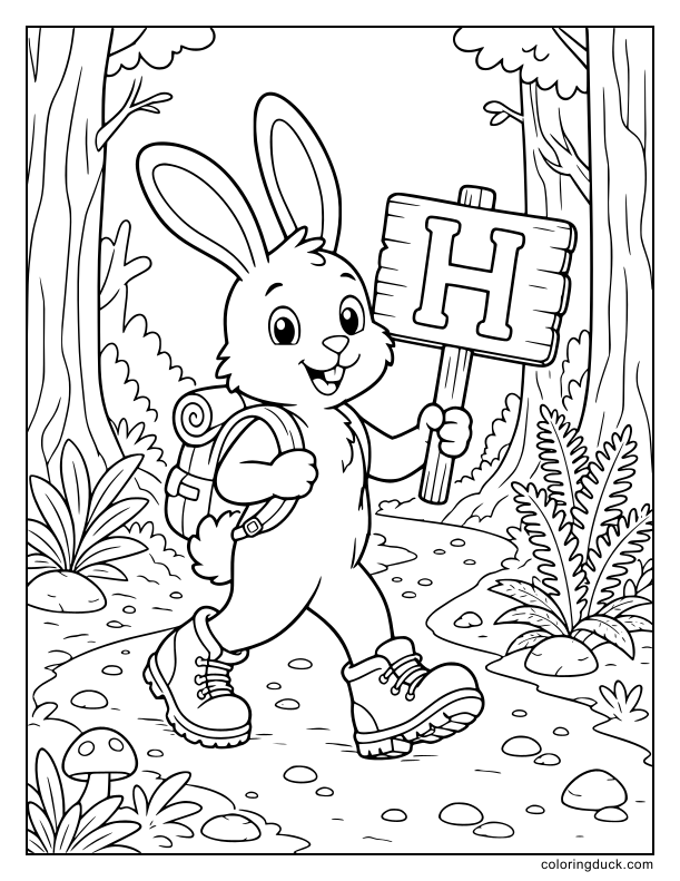 Fast little hare wearing hiking boots walking proudly along a forest trail while carrying a wooden letter H sign.