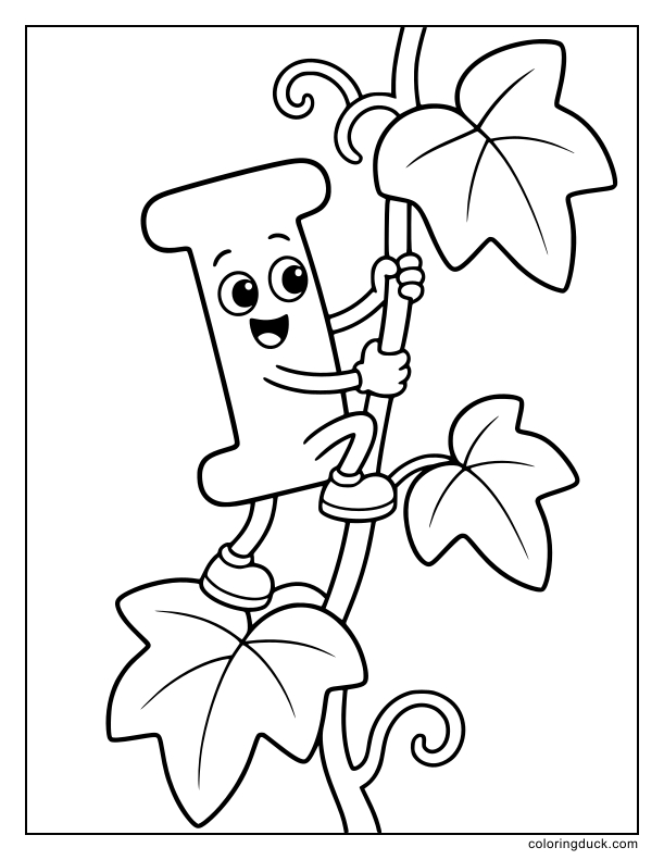 Brave letter I character climbing up a few giant ivy leaves on a wall.