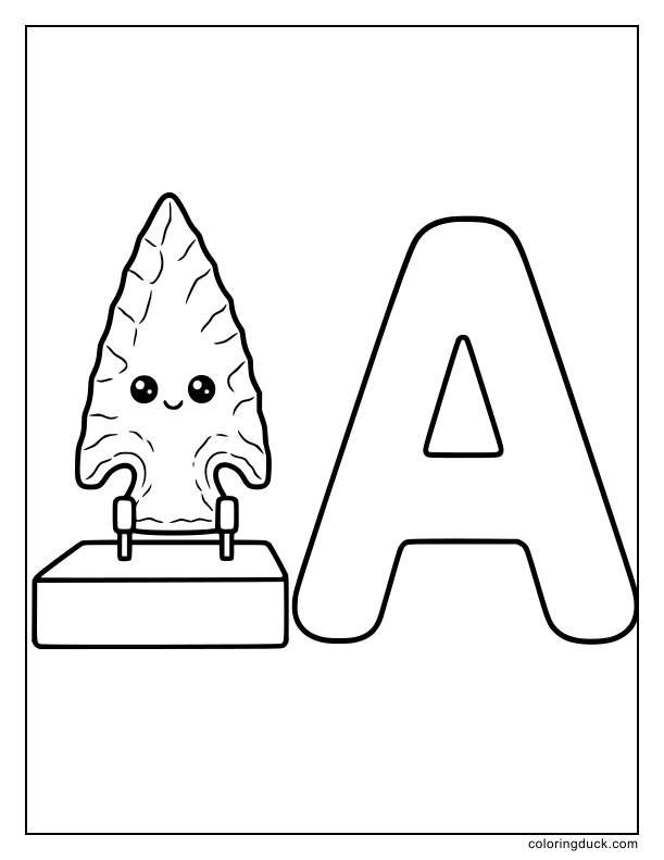 Carved stone arrowhead displayed on a cushion beside letter A.