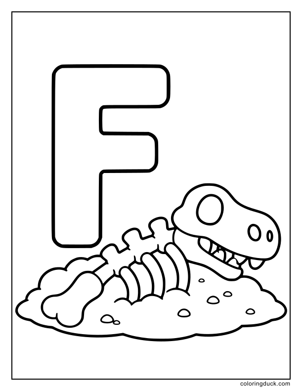 Large dinosaur bone fossil lying in the dirt near a giant letter F.