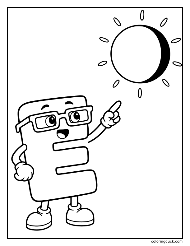 Amazed letter E wearing cool glasses looking up at a solar eclipse.