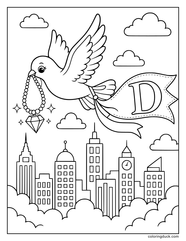 High in the city sky, an elegant dove soaring through fluffy clouds carries a sparkling diamond necklace near a banner with the letter D.