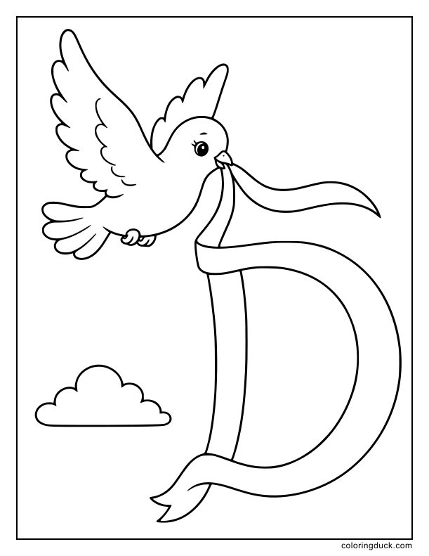 High in the sky, a peaceful dove flying and holding a flowing ribbon forming a letter D.
