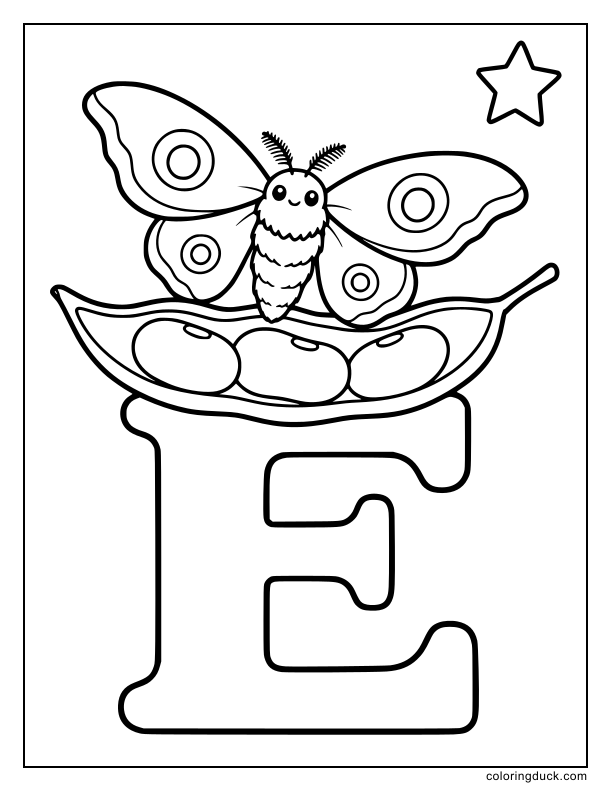 Emperor moth resting on an edamame pod atop a large letter E.