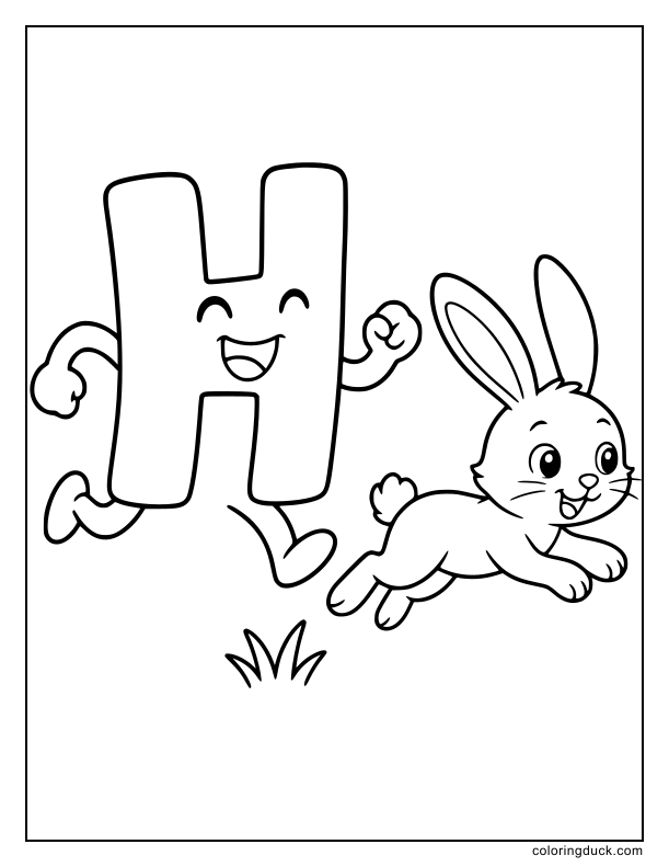 Laughing letter H running playfully after a swift, long-eared hare across the grass.