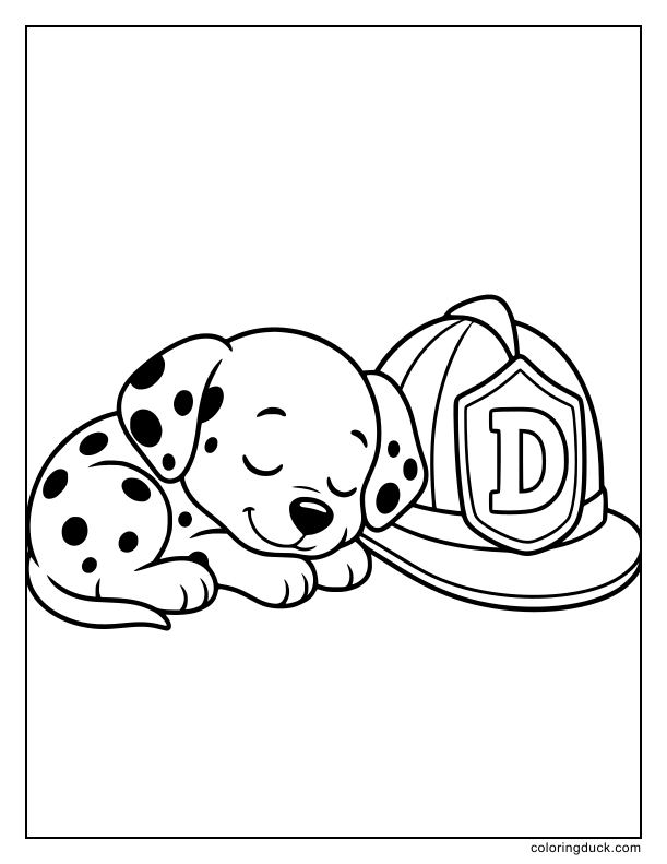 Sleepy dalmatian puppy lying next to a large firefighter hat with a D logo.