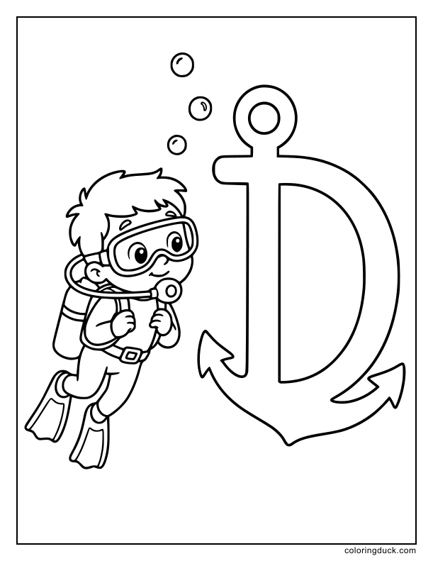 Under the sea, a scuba diver discovering a giant sunken anchor shaped like a D.