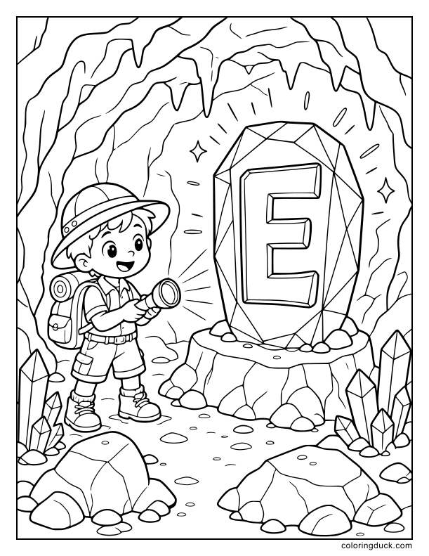Inside a hidden cave, an explorer shining a flashlight on a giant glowing emerald shaped like the letter E.