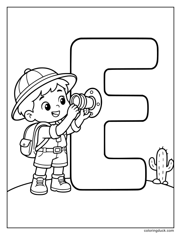 Brave explorer adjusting a brass eyepiece in front of a giant letter E.