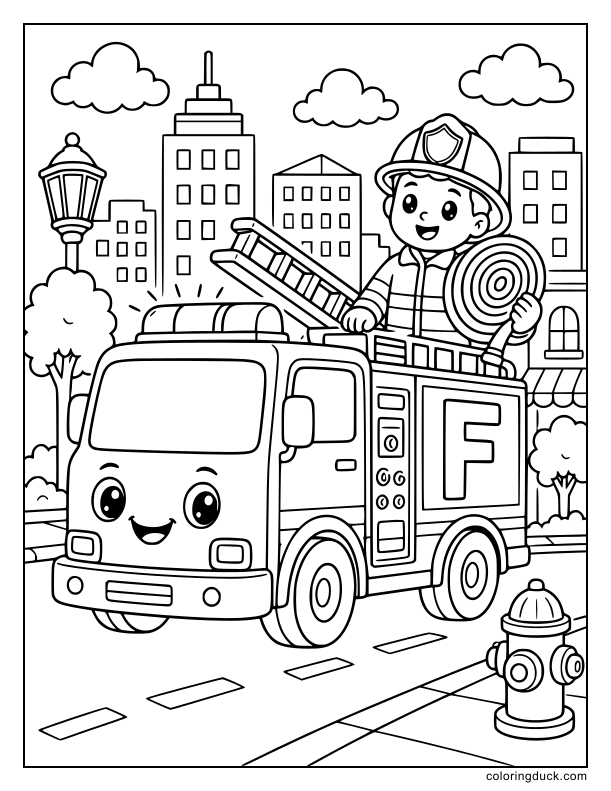 Brave firefighter driving a shiny firetruck down a city street.