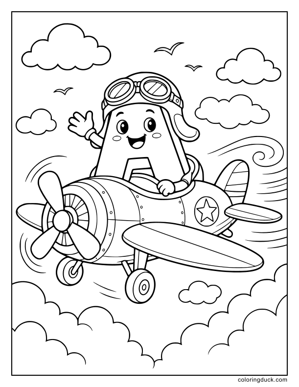 Smiling letter A wearing pilot goggles steering a tiny propeller airplane through fluffy clouds.
