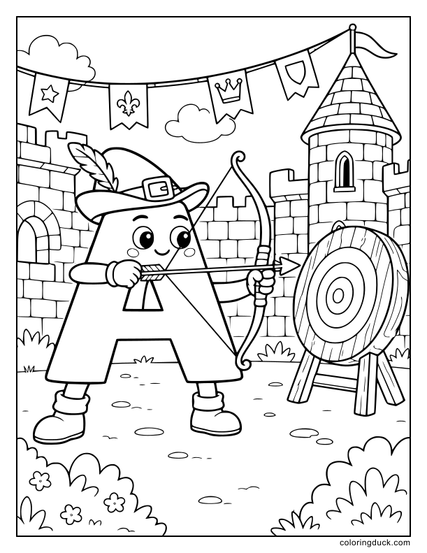 Dressed like Robin Hood, the letter A preparing to shoot a feathered arrow at a round wooden target.