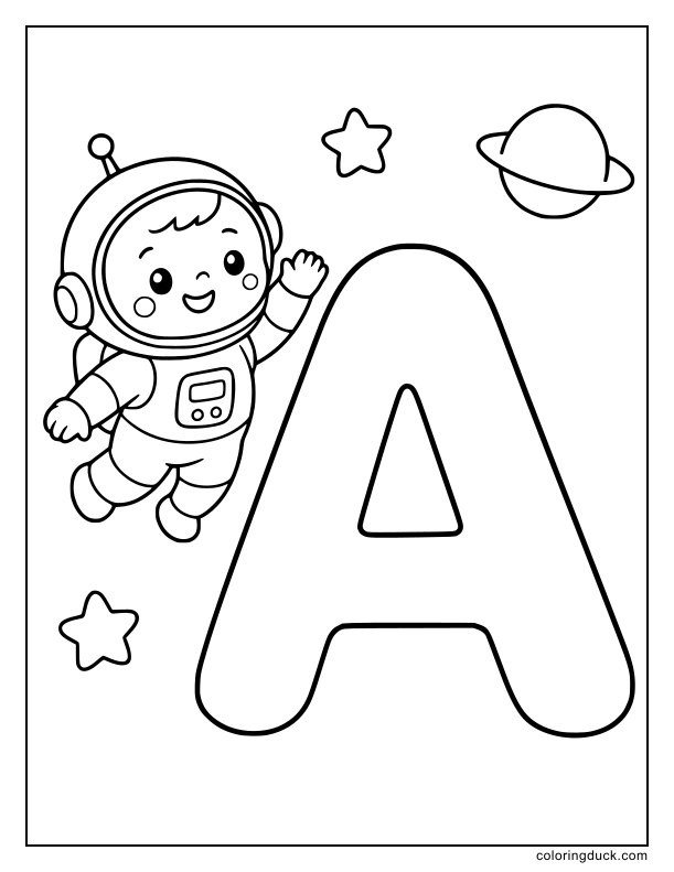 Little astronaut floating gently near a giant letter A among simple stars.