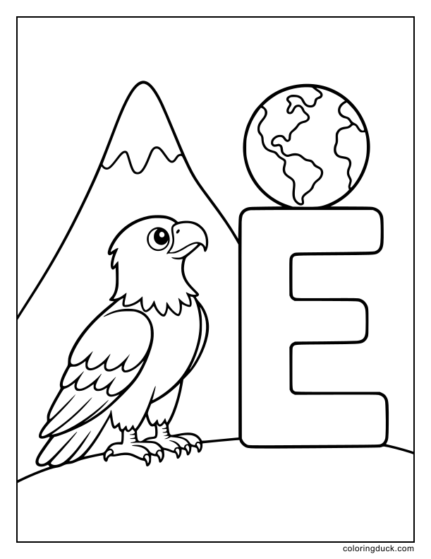 High on a mountain peak, a bald eagle looks at a small earth globe sitting on a huge letter E.