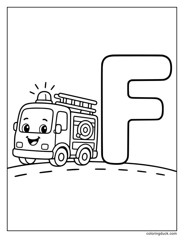 Mini firetruck rolling playfully past a gigantic letter F.