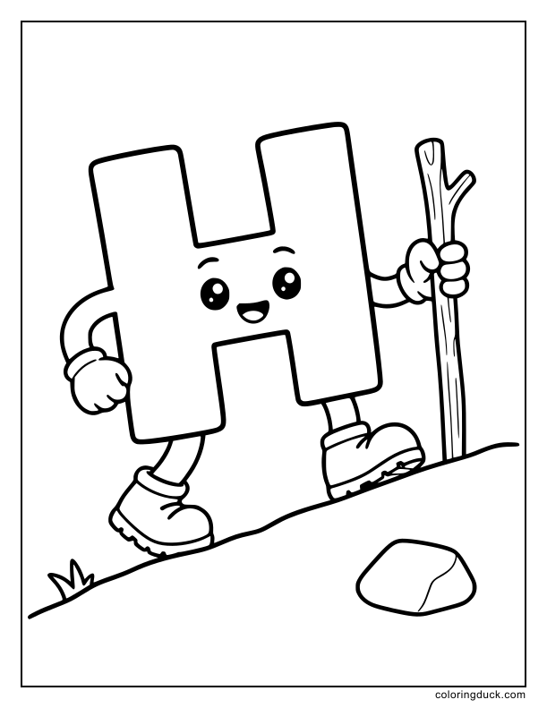 Strong letter H marching uphill while holding a sturdy wooden hiking stick.