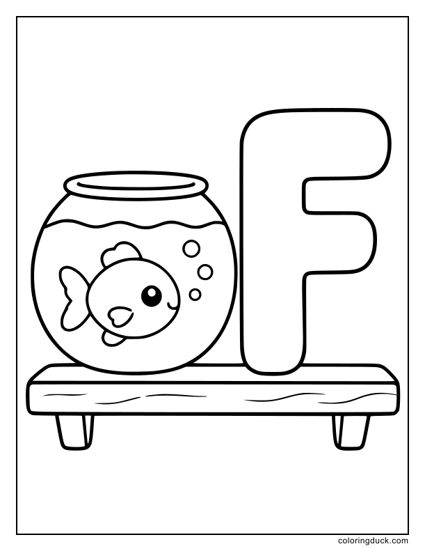 Round fishbowl with one tiny fish sitting beside a large letter F.