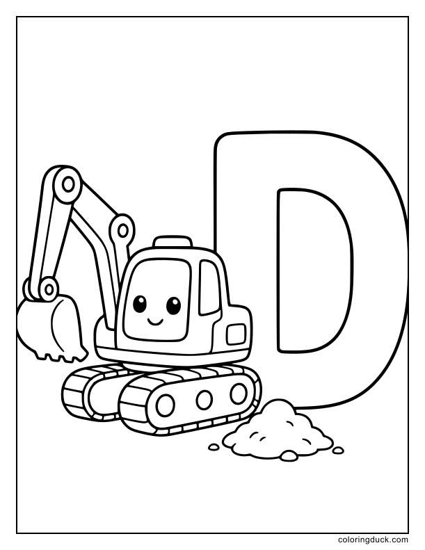 Cute toy excavator scooping up dirt next to a massive freestanding letter D.
