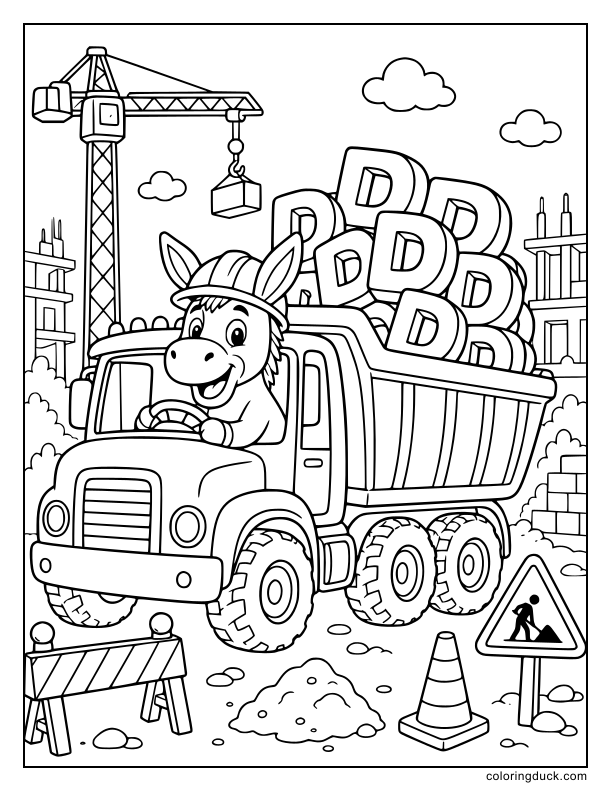 Wearing a construction hardhat, a hardworking donkey enthusiastically drives a big dump truck loaded with blocks shaped like the letter D.