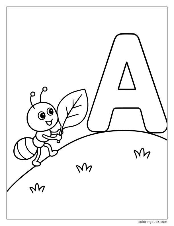 Tiny smiling ant carrying a leaf toward a huge bold letter A.