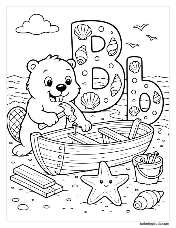 Beside the ocean waves, a busy beaver holding a hammer to build a wooden boat near a letter B.