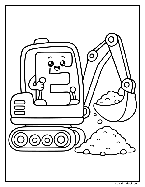 Little letter E operating a tiny excavator moving dirt.