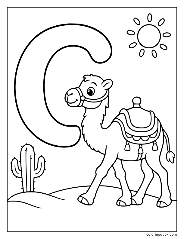 Calm camel carrying a heavy saddle past a giant letter C statue.
