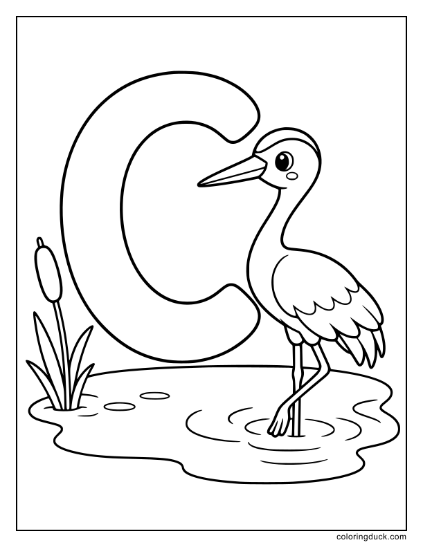 Tall crane splashing in the pond while a giant letter C stands on the shore.